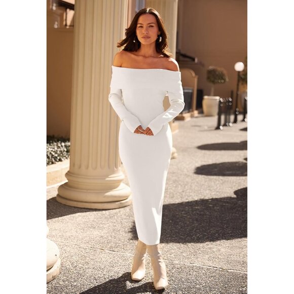 Merokeety Women's White Off Shoulder Long Sleeve Elegant Bodycon Midi Dress - Picture 9 of 9